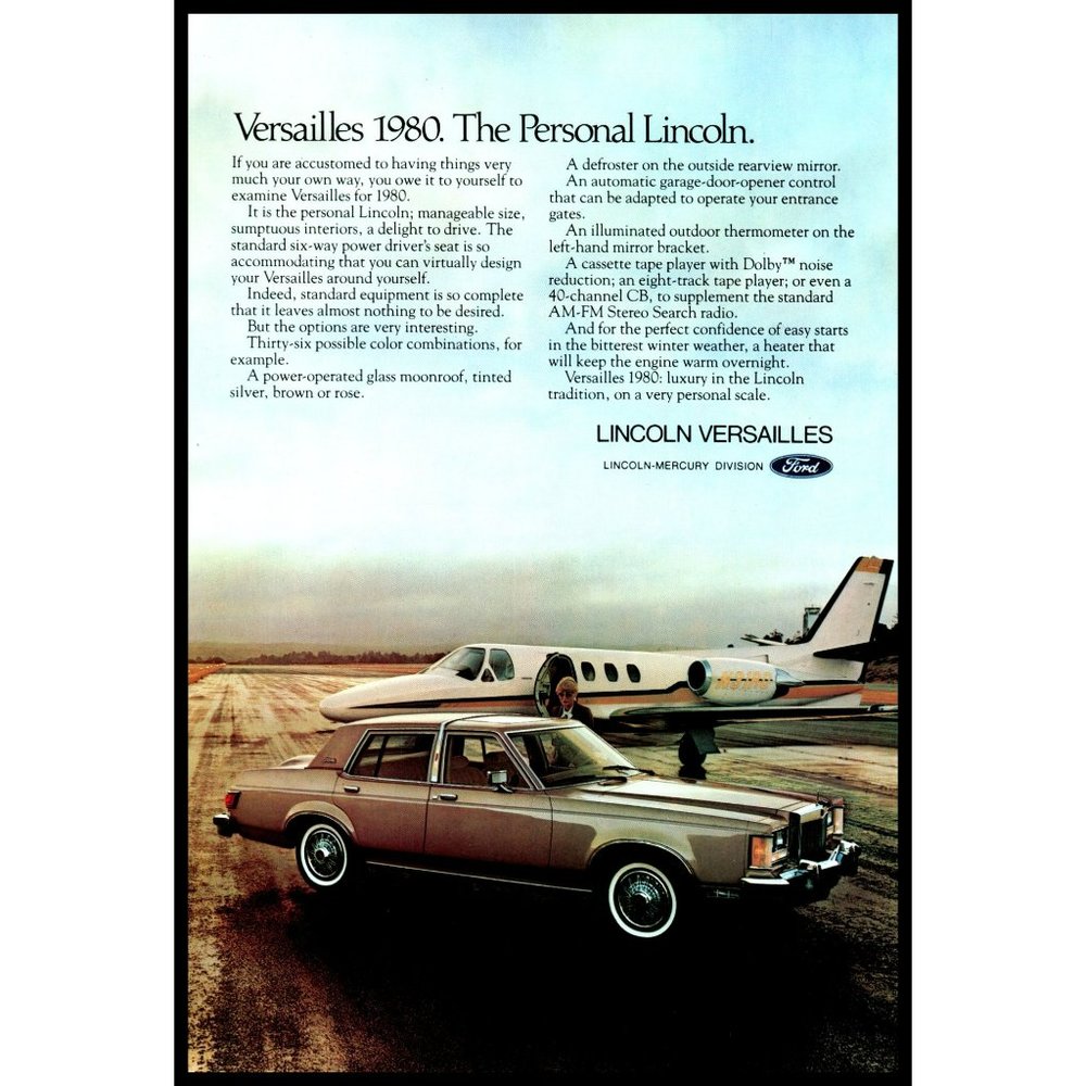 1980 Lincoln Versailles Luxury Car Vintage Print Ad Airport Private Plane Decor